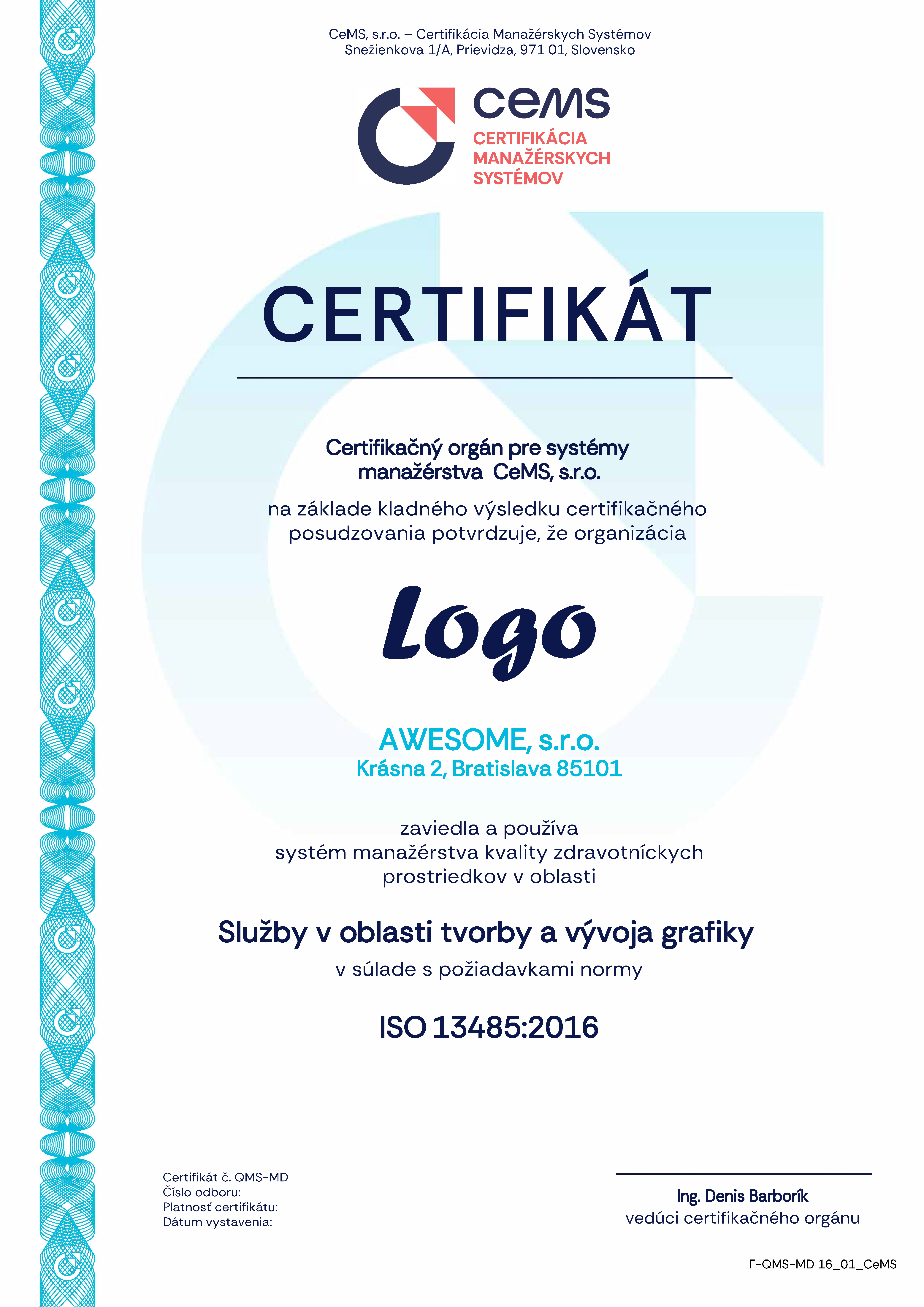 vzor certifikátu ISO 13485 od CeMS